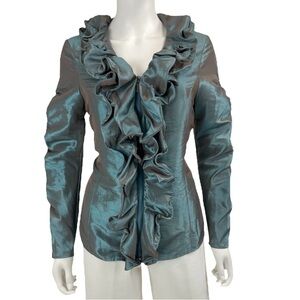 Jerry T Iridescent Elegant Ruffled Women's Jacket/Blouse - Teal Size S